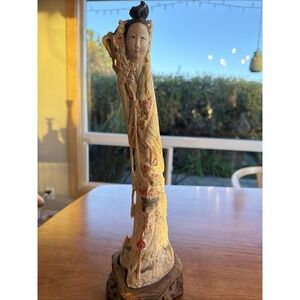 Chinese Guanyin Carved Bovine Bone Figure 15" Tall on Carved Wood Base